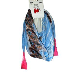 NWT Ale Hop Scarf With Tassels - Blue, Pink, Peacock Feather Pattern
